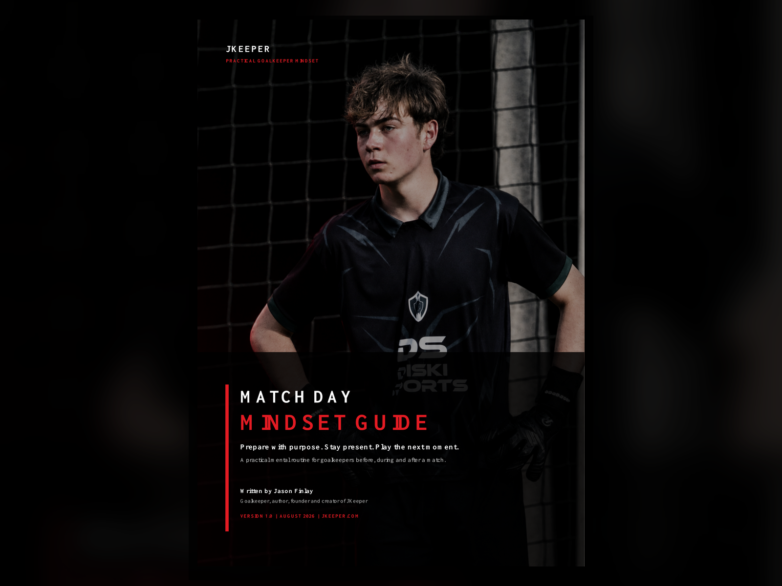 Cover of the JKeeper Match Day Mindset Guide by Jason Finlay, showing a goalkeeper in front of the net.